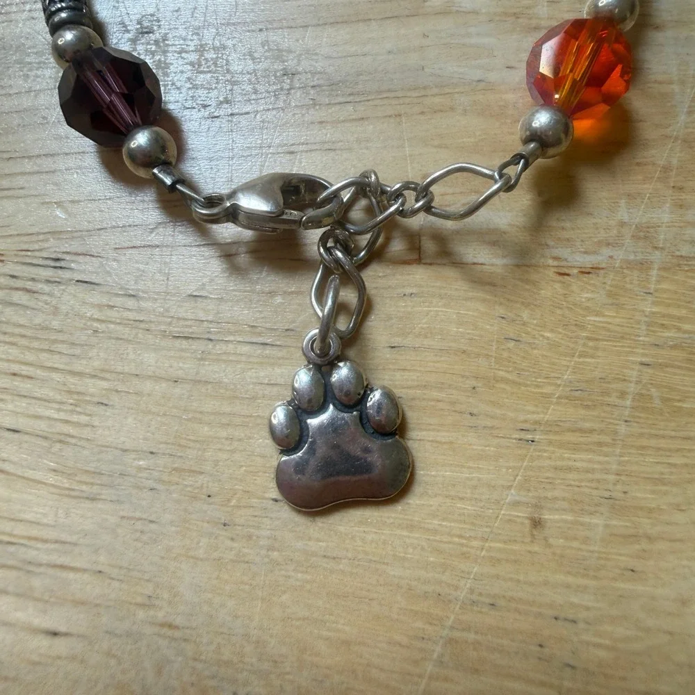 Boho Paw Print Crystal Beaded Silver Tone Bracelet 925 Sterling